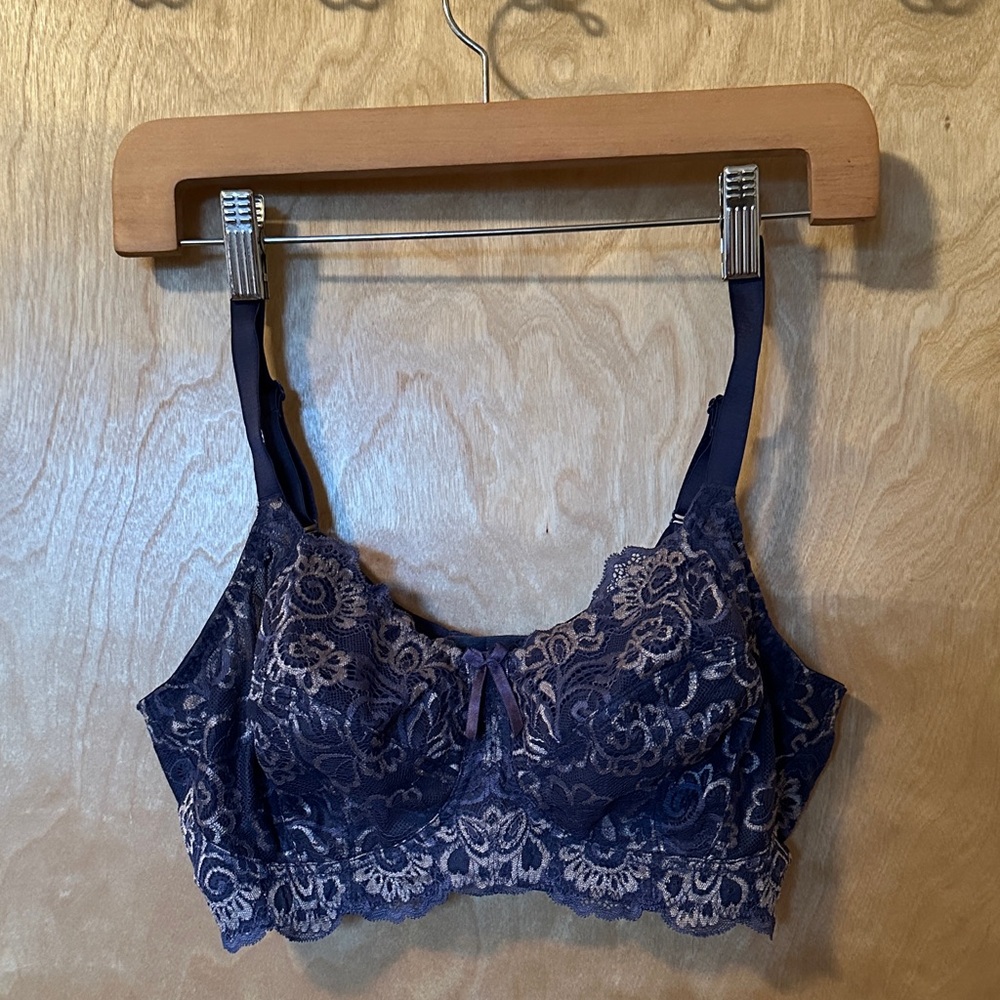 Lace No-Underwire Bra - Navy Blue and Silver